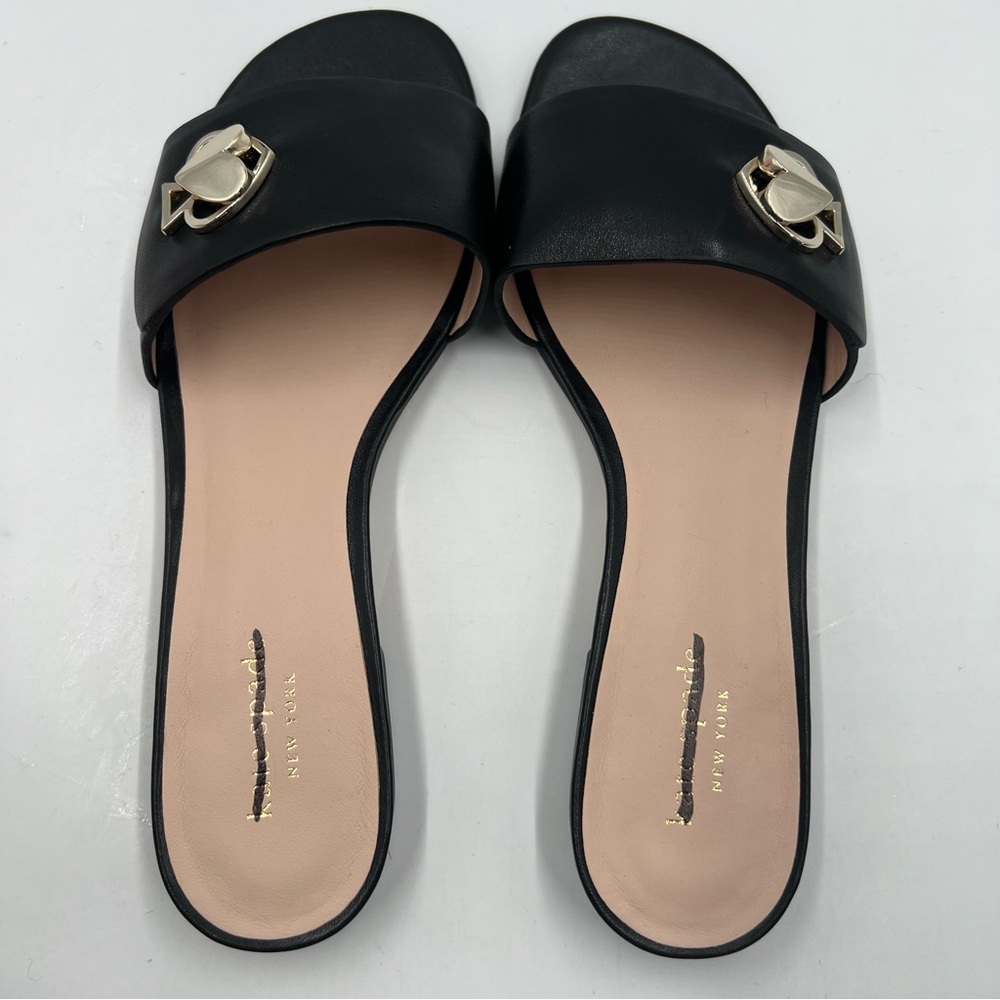 kate spade Black Slide Sandals with Gold Logo Accent - Picture 5 of 9